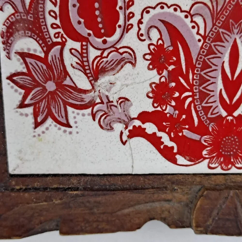 Vintage Red White Mexican Tile Wood Framed Trivet Feet Decor Decoration Kitchen